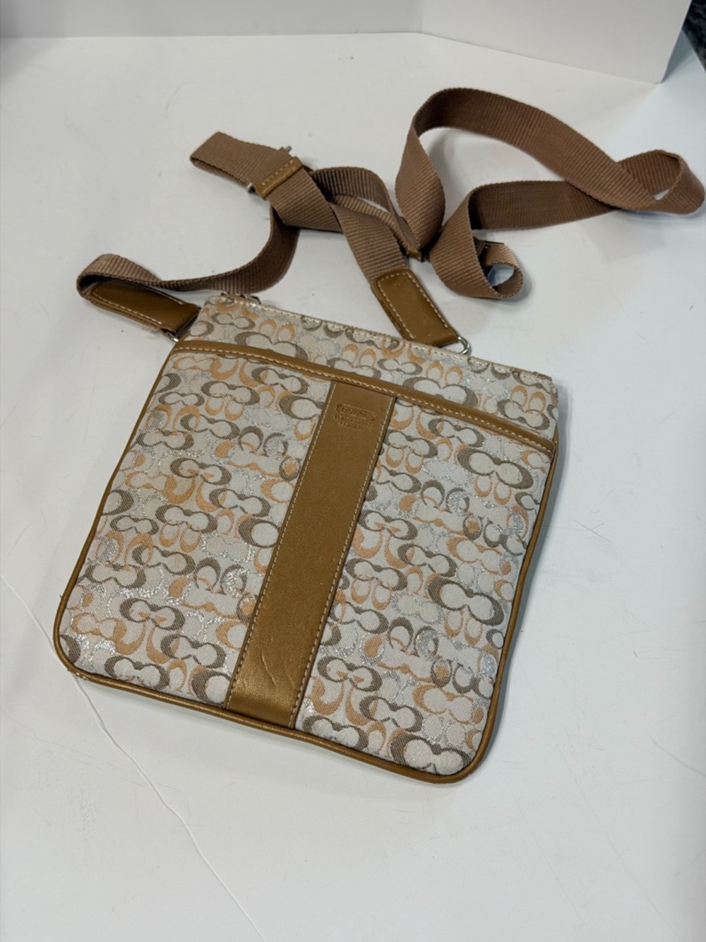 Coach Small Signature Crossbody in Tan and Khaki